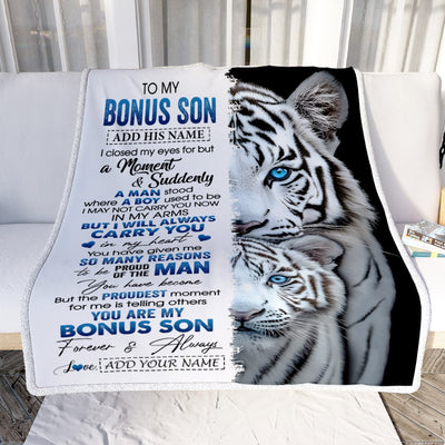 Personalized To My Bonus Son Blanket From Stepmother Stepdad I Close My Eyes White Tiger Stepson Birthday Gifts Graduation Christmas Fleece Throw Blanket | siriusteestore