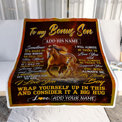 Personalized To My Bonus Son Blanket From Stepmother Stepdad Sometimes It's Hard Horse Stepson Birthday Gifts Graduation Christmas Customized Fleece Blanket | siriusteestore