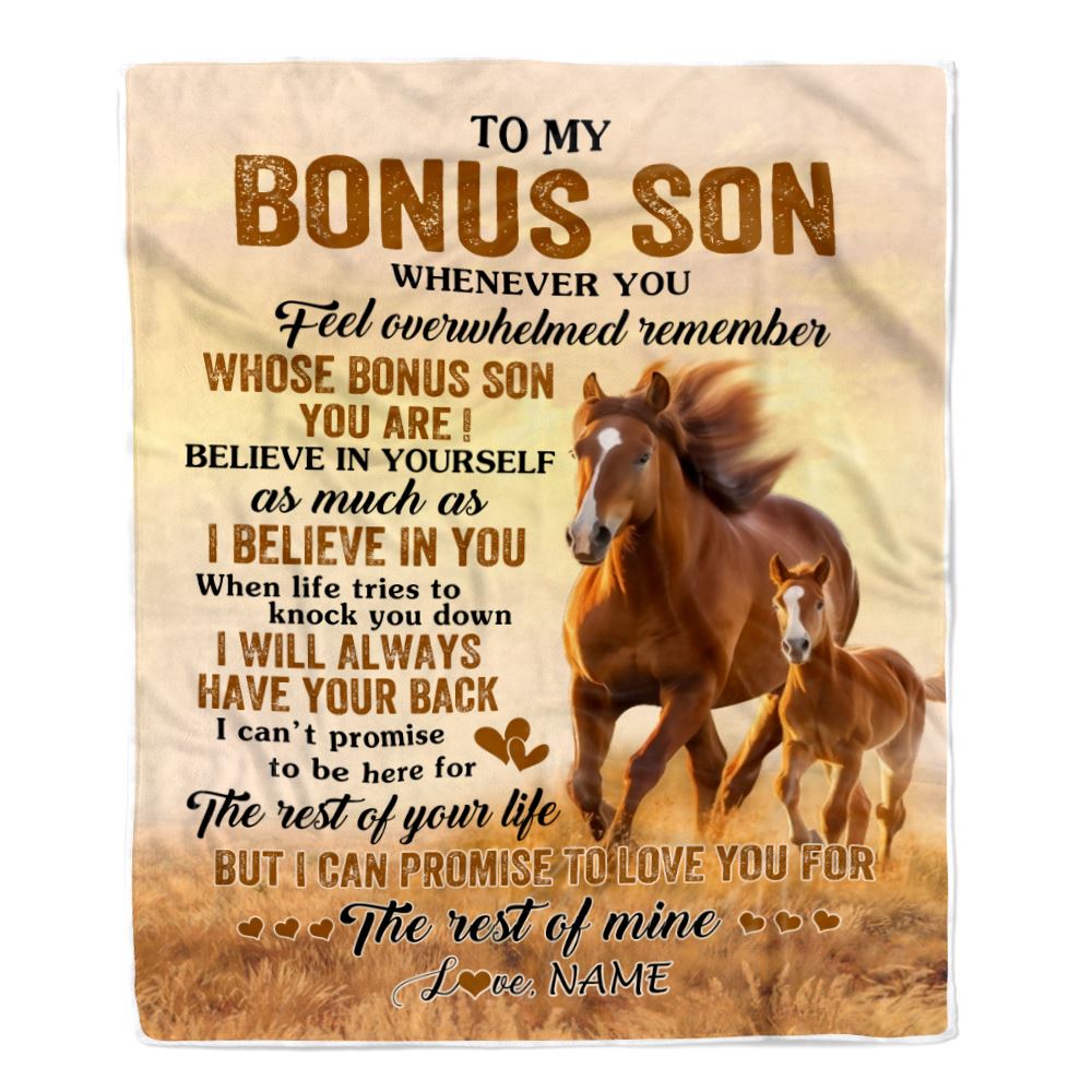 Personalized To My Bonus Son Blanket From Stepmother Stepdad Whenever You Feel Horse Stepson Birthday Gifts Graduation Christmas Customized Fleece Blanket | siriusteestore