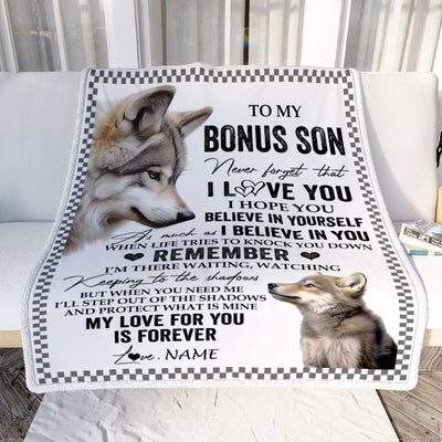 Personalized To My Bonus Son Blanket From Stepmother Stepdad Wolf My Love For You Is Forever Stepson Birthday Gifts Christmas Customized Fleece Throw Blanket | siriusteestore