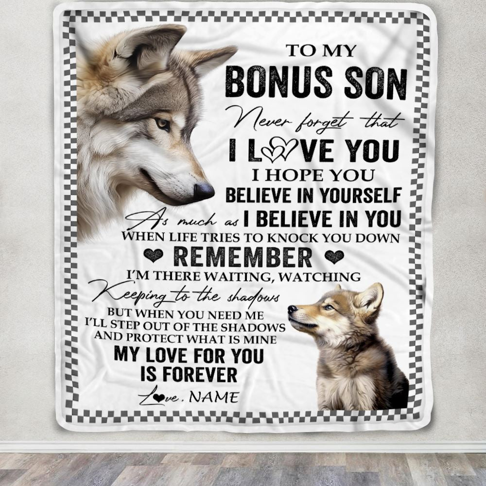 Personalized To My Bonus Son Blanket From Stepmother Stepdad Wolf My Love For You Is Forever Stepson Birthday Gifts Christmas Customized Fleece Throw Blanket | siriusteestore