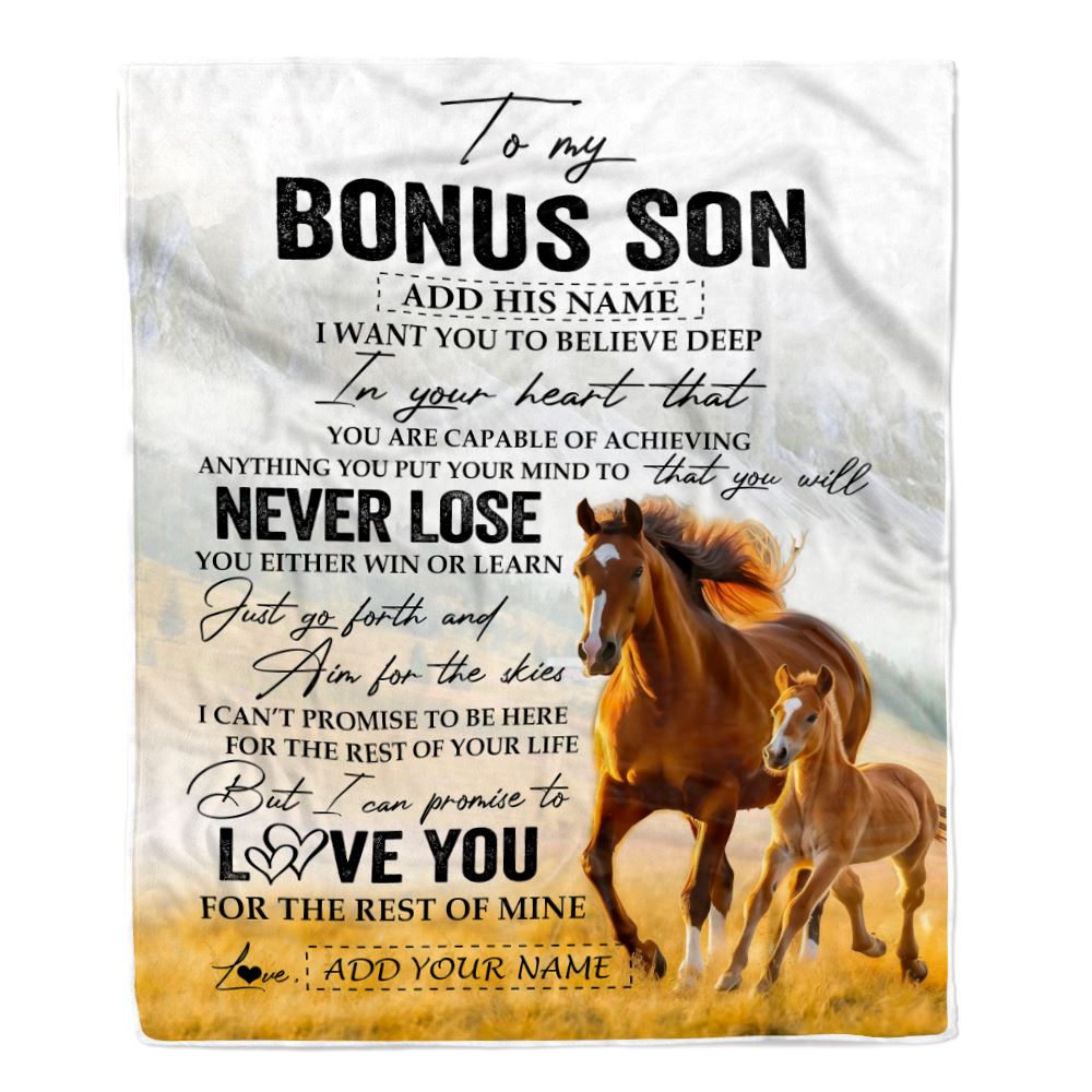 Personalized To My Bonus Son Blanket From Stepmother Stepdad You Will Never Lose Horse Stepson Birthday Gifts Christmas Customized Fleece Throw Blanket | siriusteestore