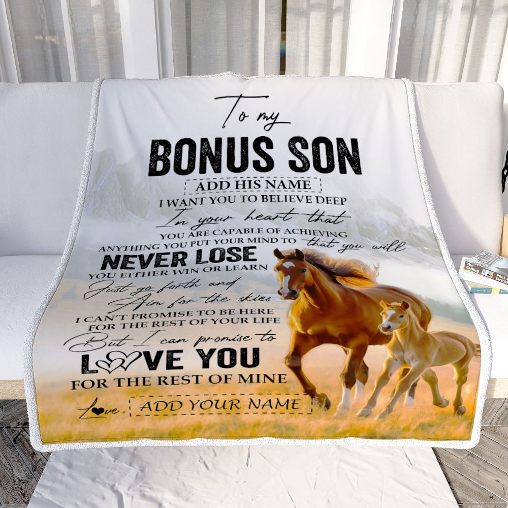 Personalized To My Bonus Son Blanket From Stepmother Stepdad You Will Never Lose Horse Stepson Birthday Gifts Christmas Customized Fleece Throw Blanket | siriusteestore