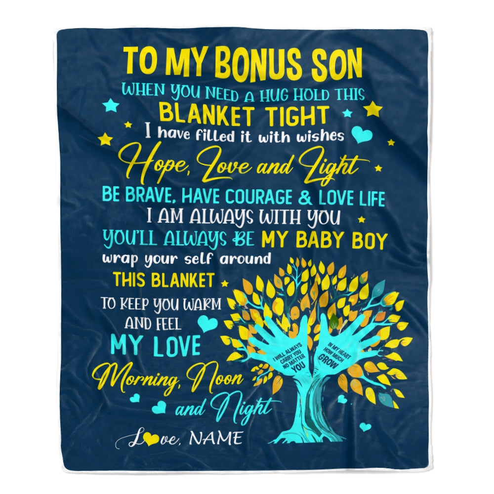 Personalized To My Bonus Son Blanket From Stepmother When You Need A Hug Baby Girl Stepson Birthday Christmas Customized Bed Fleece Blanket | siriusteestore