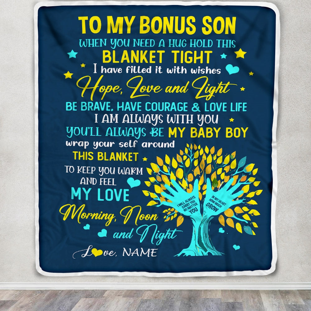 Personalized To My Bonus Son Blanket From Stepmother When You Need A Hug Baby Girl Stepson Birthday Christmas Customized Bed Fleece Blanket | siriusteestore
