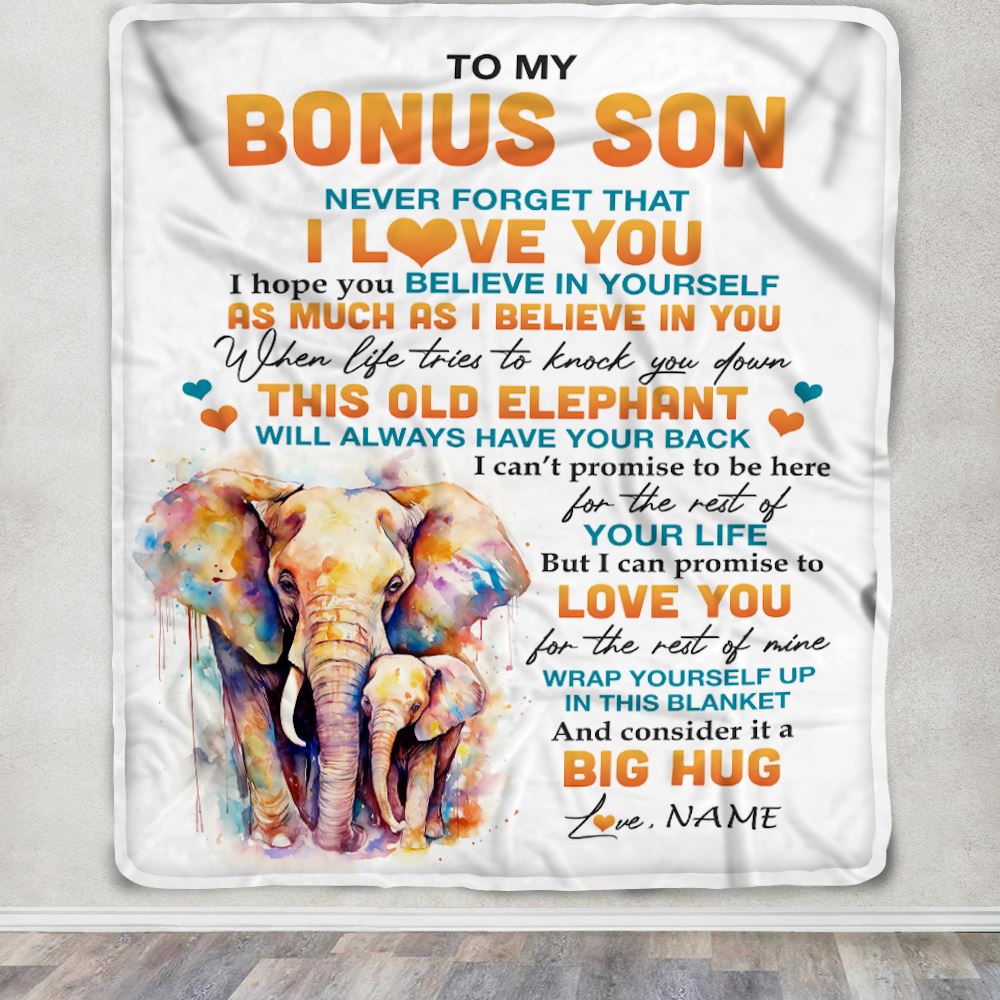 Personalized To My Bonus Son Blanket Gift From Stepdad Stepmom This Old Elephant Love You Stepson Birthday Graduation Christmas Customized Fleece Throw Blanket | siriusteestore