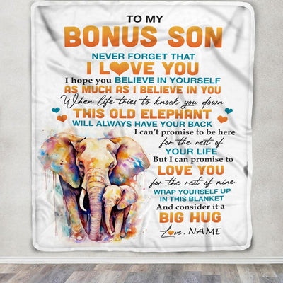 Personalized To My Bonus Son Blanket Gift From Stepdad Stepmom This Old Elephant Love You Stepson Birthday Graduation Christmas Customized Fleece Throw Blanket | siriusteestore