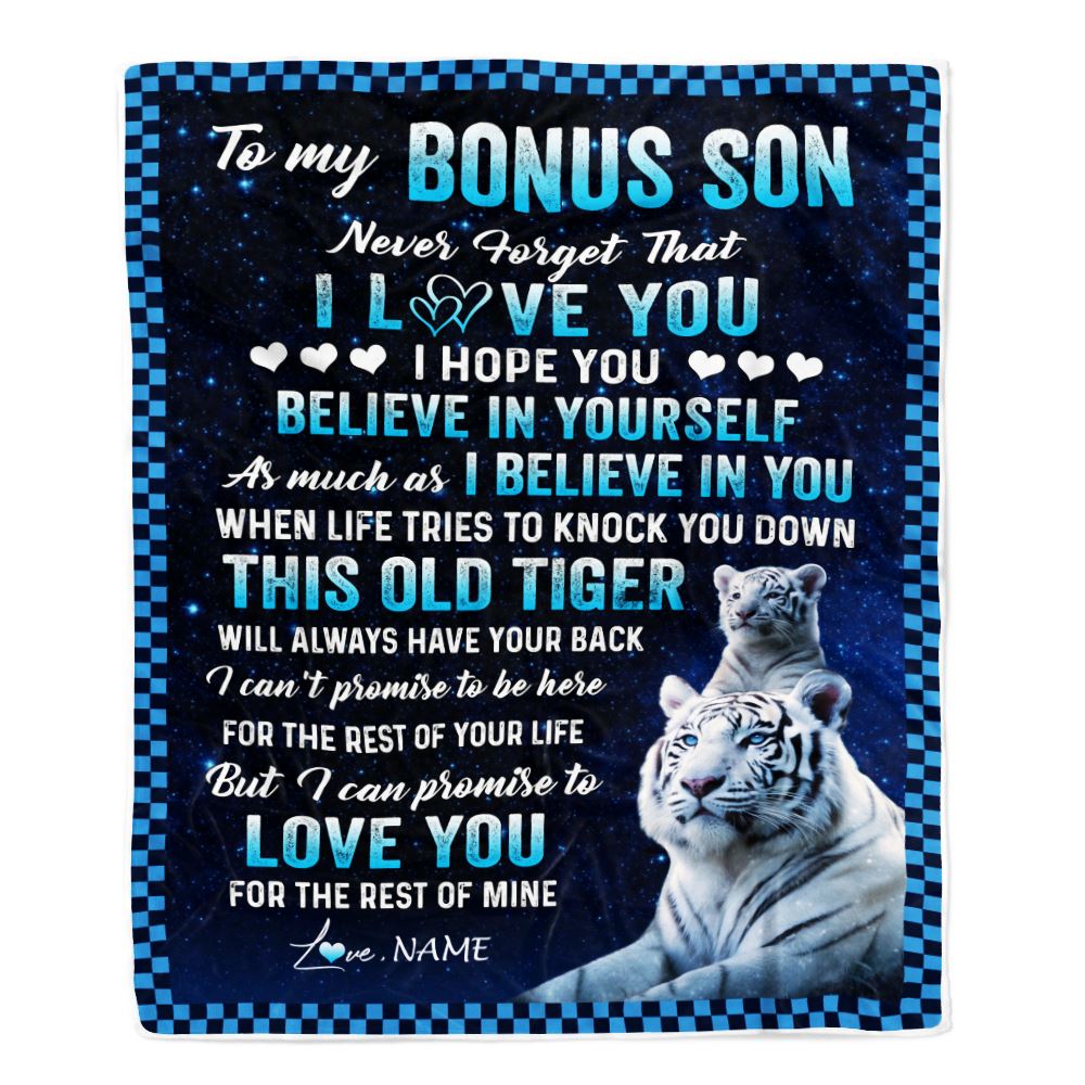 Personalized To My Bonus Son Blanket Gift From Stepdad Stepmom This Old Tiger Love You Stepson Birthday Graduation Christmas Customized Fleece Throw Blanket | siriusteestore