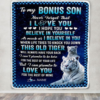Personalized To My Bonus Son Blanket Gift From Stepdad Stepmom This Old Tiger Love You Stepson Birthday Graduation Christmas Customized Fleece Throw Blanket | siriusteestore