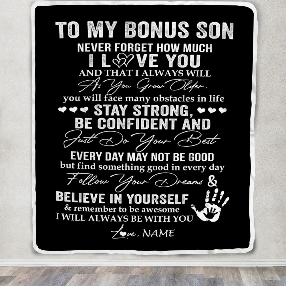 Personalized To My Bonus Son Blanket I Love You Forever From Stepmom Stepdad Stepson Birthday Christmas Thanksgiving Graduation Customized Fleece Blanket | siriusteestore