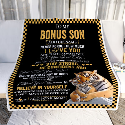 Personalized To My Bonus Son Blanket Tiger I Love You Forever From Stepmom Stepdad Stepson Birthday Gifts Christmas Graduation Customized Fleece Blanket | siriusteestore