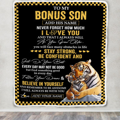 Personalized To My Bonus Son Blanket Tiger I Love You Forever From Stepmom Stepdad Stepson Birthday Gifts Christmas Graduation Customized Fleece Blanket | siriusteestore