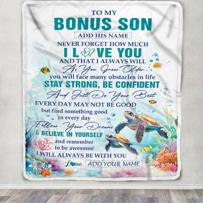 Personalized To My Bonus Son Blanket Turtle I Love You Forever From Stepmom Stepdad Stepson Birthday Gifts Christmas Graduation Customized Fleece Blanket | siriusteestore