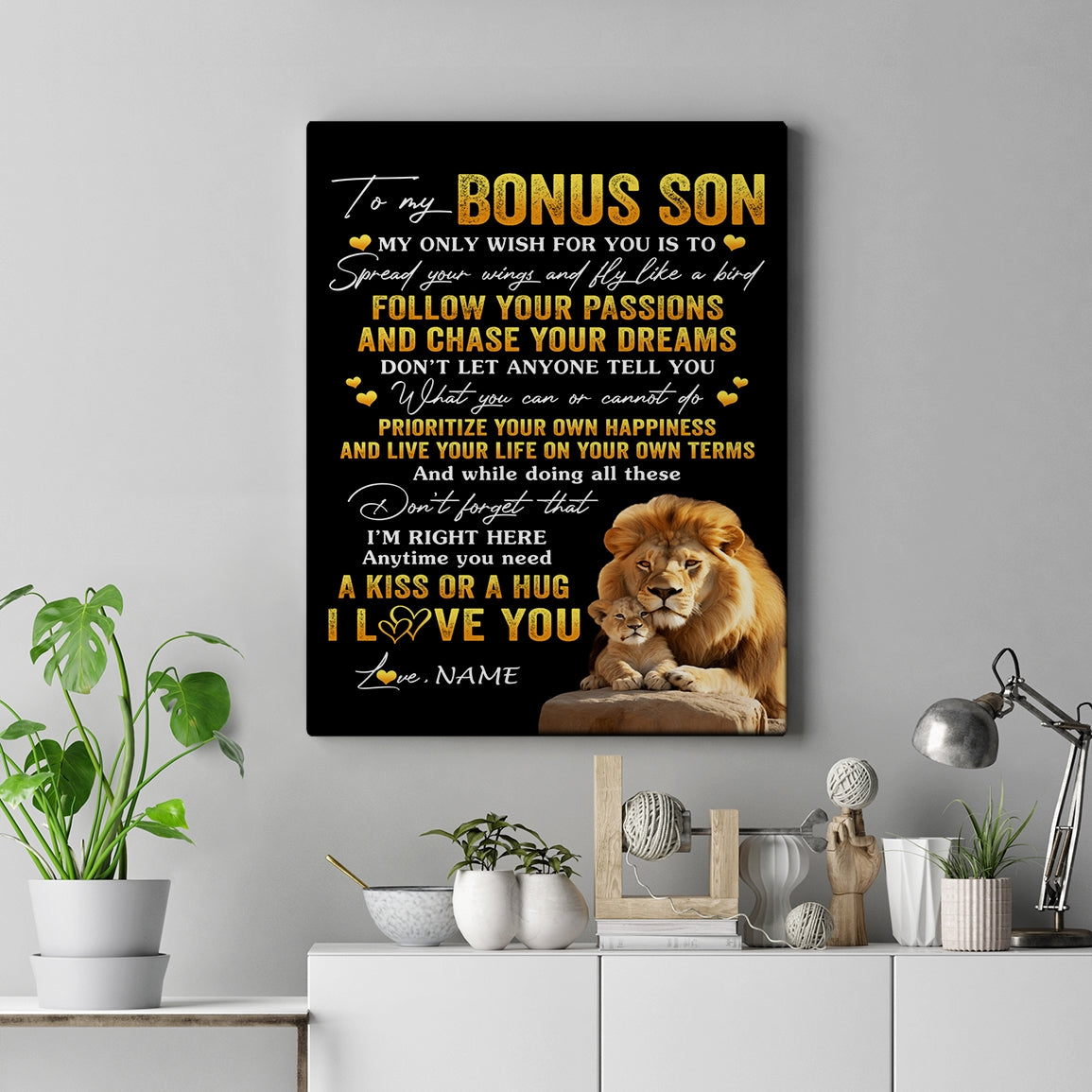 Personalized To My Bonus Son Canvas From Step Dad Father Lion My Only Wish For You Stepson Birthday Gifts Graduation Christmas Custom Wall Art Print Framed Canvas | siriusteestore