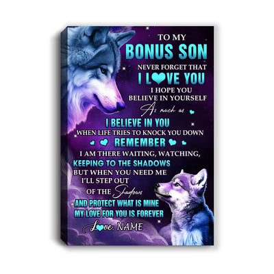 Personalized To My Bonus Son Canvas From Step Mom Dad Wolf Moon My Love For You Is Forever Stepson Birthday Gifts Christmas Custom Wall Art Print Framed Canvas | siriusteestore