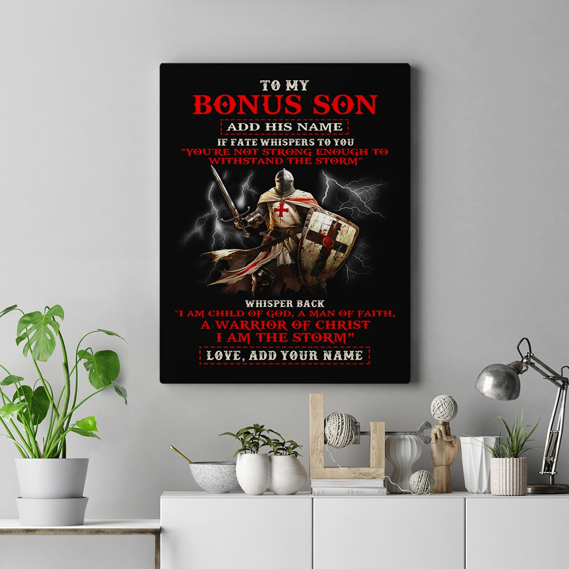 Personalized To My Bonus Son Canvas From Stepdad For Men Warrior Knight Templar I Am The Storm Birthday Christmas Gift For Stepson Custom Framed Canvas | siriusteestore