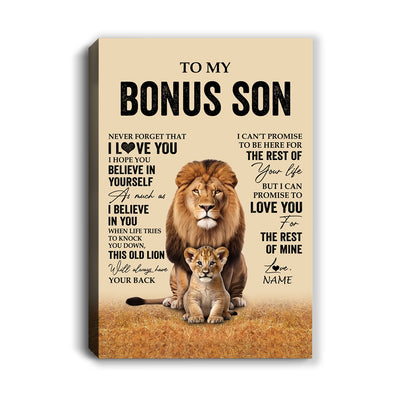 Personalized To My Bonus Son Canvas From Stepdad Lion Never Forget That I Love You Stepson Birthday Gifts Graduation Christmas Custom Wall Art Print Framed Canvas | siriusteestore
