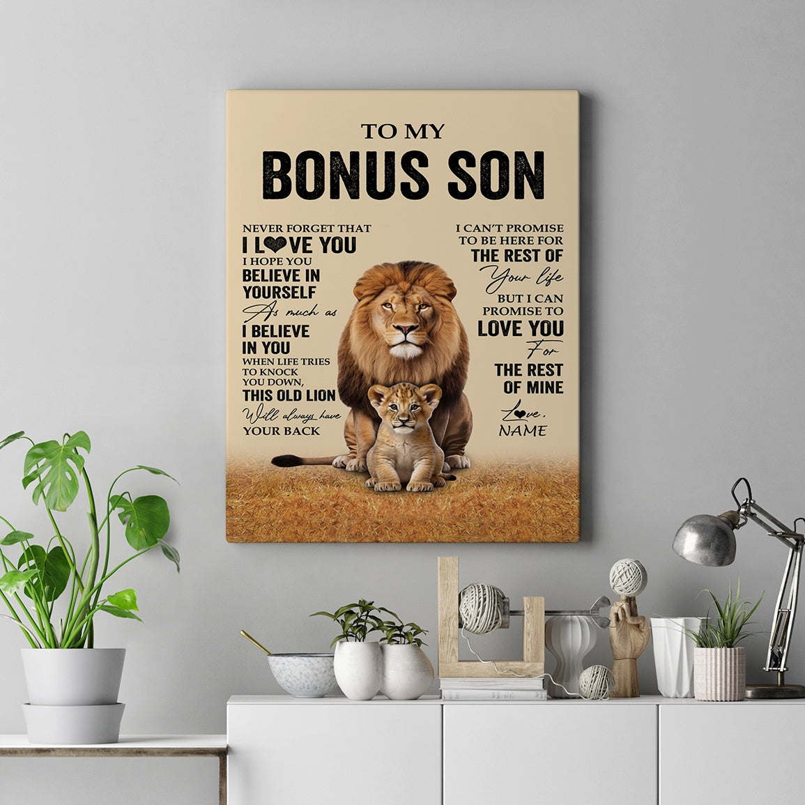 Personalized To My Bonus Son Canvas From Stepdad Lion Never Forget That I Love You Stepson Birthday Gifts Graduation Christmas Custom Wall Art Print Framed Canvas | siriusteestore