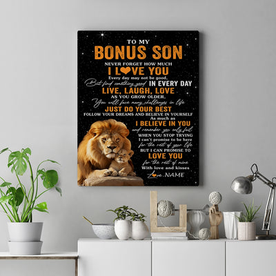 Personalized To My Bonus Son Canvas From Stepdad Live Laugh Love Lion Stepson Birthday Gifts Positive Graduation Christmas Custom Wall Art Print Framed Canvas | siriusteestore