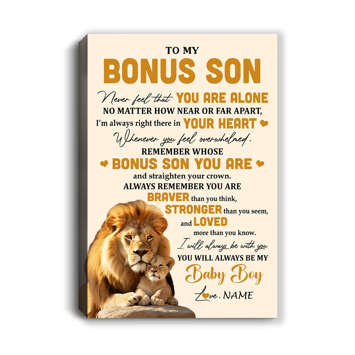 Personalized To My Bonus Son Canvas From Stepfather Lion Never Feel That You Are Alone Great Stepson Birthday Gifts Christmas Custom Wall Art Print Framed Canvas | siriusteestore
