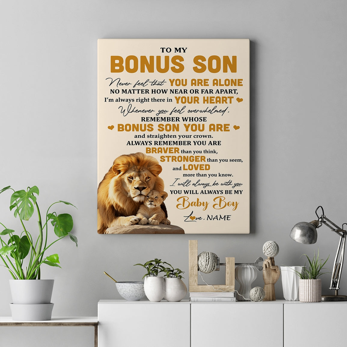 Personalized To My Bonus Son Canvas From Stepfather Lion Never Feel That You Are Alone Great Stepson Birthday Gifts Christmas Custom Wall Art Print Framed Canvas | siriusteestore