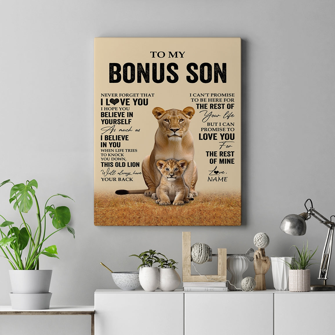 Personalized To My Bonus Son Canvas From Stepmom Lion Never Forget That I Love You Stepson Birthday Gifts Graduation Christmas Custom Wall Art Print Framed Canvas | siriusteestore