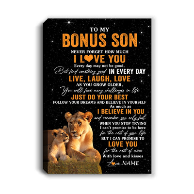 Personalized To My Bonus Son Canvas From Stepmom Live Laugh Love Lion Stepson Birthday Gifts Positive Graduation Christmas Custom Wall Art Print Framed Canvas | siriusteestore