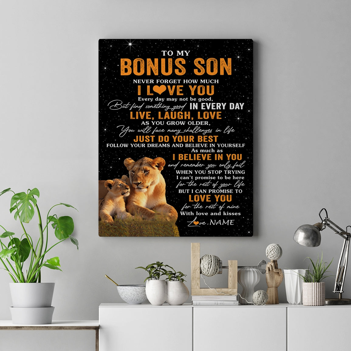 Personalized To My Bonus Son Canvas From Stepmom Live Laugh Love Lion Stepson Birthday Gifts Positive Graduation Christmas Custom Wall Art Print Framed Canvas | siriusteestore