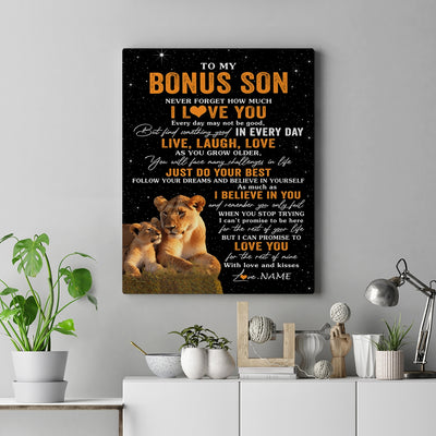 Personalized To My Bonus Son Canvas From Stepmom Live Laugh Love Lion Stepson Birthday Gifts Positive Graduation Christmas Custom Wall Art Print Framed Canvas | siriusteestore