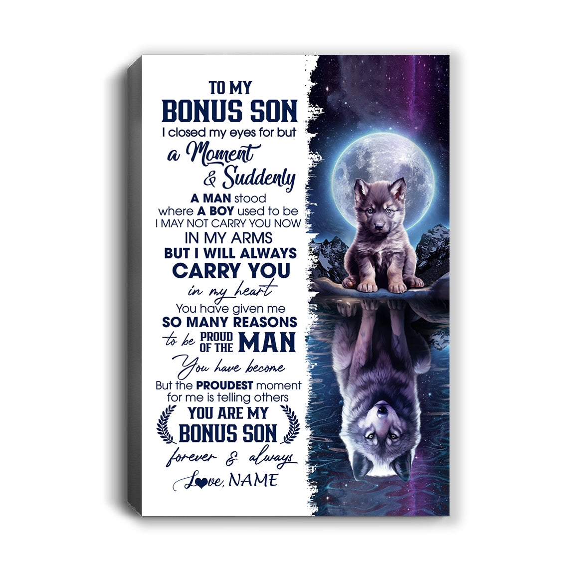 Personalized To My Bonus Son Canvas From Stepmom Stepdad I Close My Eyes Wolf Stepson Birthday Gifts Graduation Christmas Custom Wall Art Print Framed Canvas | siriusteestore