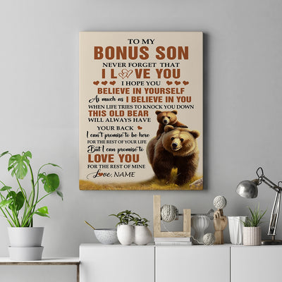 Personalized To My Bonus Son Canvas From Stepmom Stepdad This Old Bear Love You Stepson Birthday Gifts Graduation Christmas Custom Wall Art Print Framed Canvas | siriusteestore