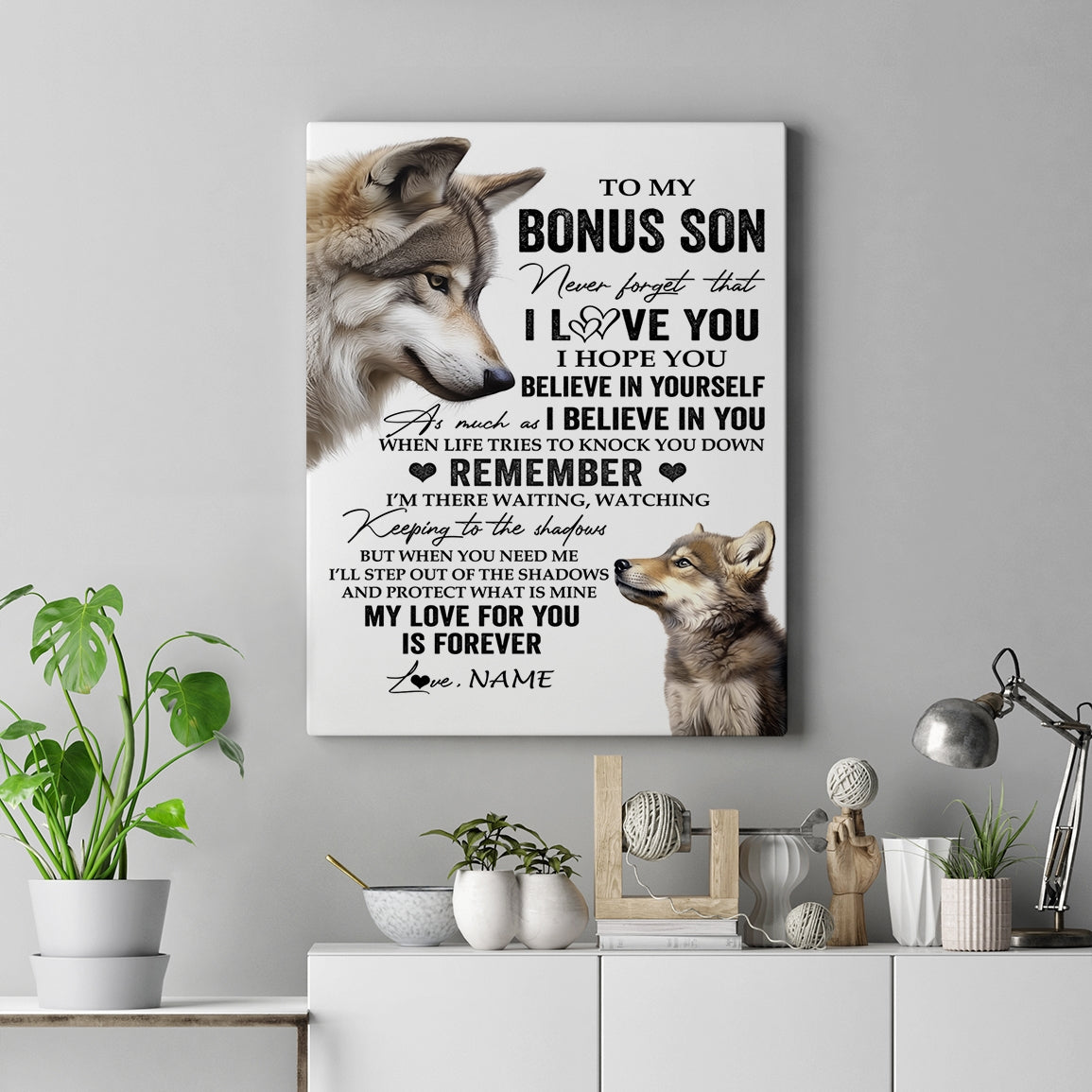 Personalized To My Bonus Son Canvas From Stepmom Stepdad Wolf My Love For You Is Forever Stepson Birthday Gifts Christmas Custom Wall Art Print Framed Canvas | siriusteestore