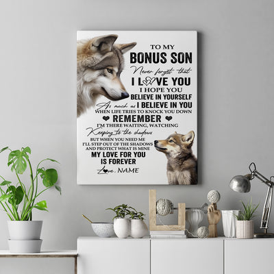 Personalized To My Bonus Son Canvas From Stepmom Stepdad Wolf My Love For You Is Forever Stepson Birthday Gifts Christmas Custom Wall Art Print Framed Canvas | siriusteestore
