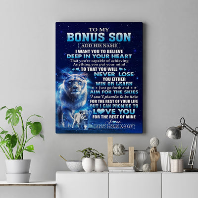 Personalized To My Bonus Son Canvas From Stepmother Believe Your Heart Stepson Gift Birthday Graduation Christmas Custom Wall Art Print Framed Canvas | siriusteestore