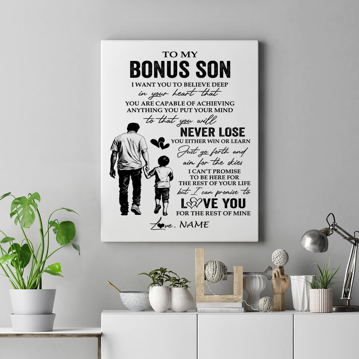 Personalized To My Bonus Son Canvas You Will Never Lose From Bonus Dad Stepfather Stepson Birthday Gifts Graduation Christmas Custom Wall Art Print Framed Canvas | siriusteestore