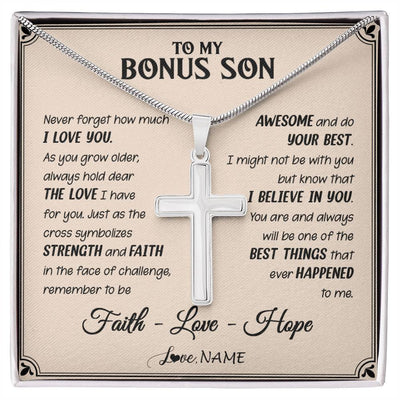 Stainless Cross Necklace Stainless Steel | 1 | Personalized To My Bonus Son Cross Necklace From Stepdad Stepmom Strength And Faith Stepson Birthday Christmas Graduation Customized Gift Box Message Card | siriusteestore