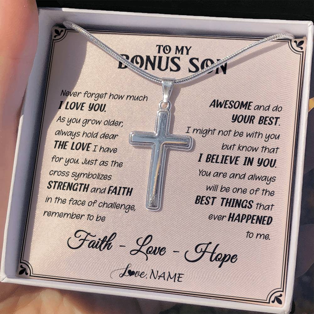 Stainless Cross Necklace Stainless Steel | 2 | Personalized To My Bonus Son Cross Necklace From Stepdad Stepmom Strength And Faith Stepson Birthday Christmas Graduation Customized Gift Box Message Card | siriusteestore