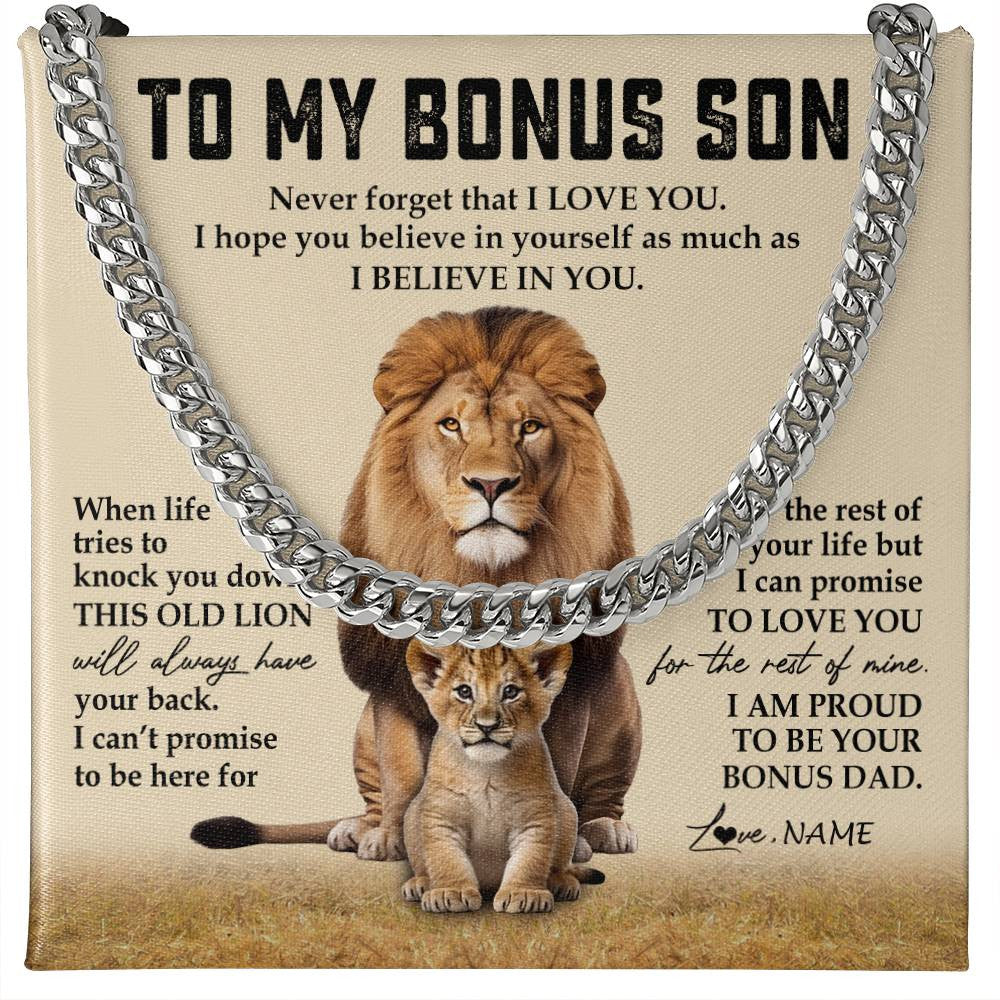 Cuban Link Chain Necklace Stainless Steel | 1 | Personalized To My Bonus Son Cuban Necklace From Step Father Never Forget That I Love You Lion Stepson Birthday Graduation Christmas Customized Message Card | siriusteestore