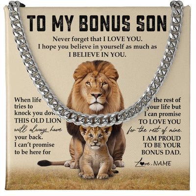 Cuban Link Chain Necklace Stainless Steel | 1 | Personalized To My Bonus Son Cuban Necklace From Step Father Never Forget That I Love You Lion Stepson Birthday Graduation Christmas Customized Message Card | siriusteestore