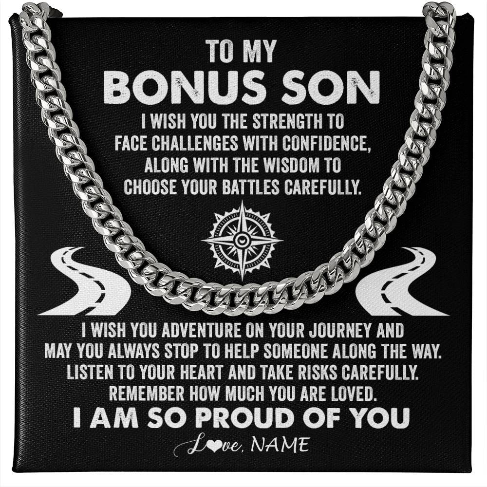 Cuban Link Chain Necklace Stainless Steel | Personalized To My Bonus Son Cuban Necklace From Step Mom I Wish You The Strength Step Son Birthday Graduation Inspirational Customized Gift Box Message Card | siriusteestore