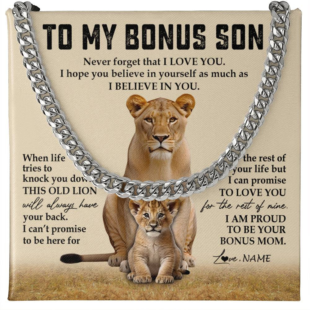 Cuban Link Chain Necklace Stainless Steel | 1 | Personalized To My Bonus Son Cuban Necklace From Step Mother Never Forget That I Love You Lion Stepson Birthday Graduation Christmas Customized Message Card | siriusteestore
