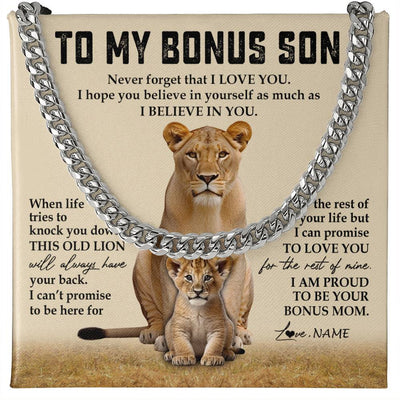 Cuban Link Chain Necklace Stainless Steel | 1 | Personalized To My Bonus Son Cuban Necklace From Step Mother Never Forget That I Love You Lion Stepson Birthday Graduation Christmas Customized Message Card | siriusteestore