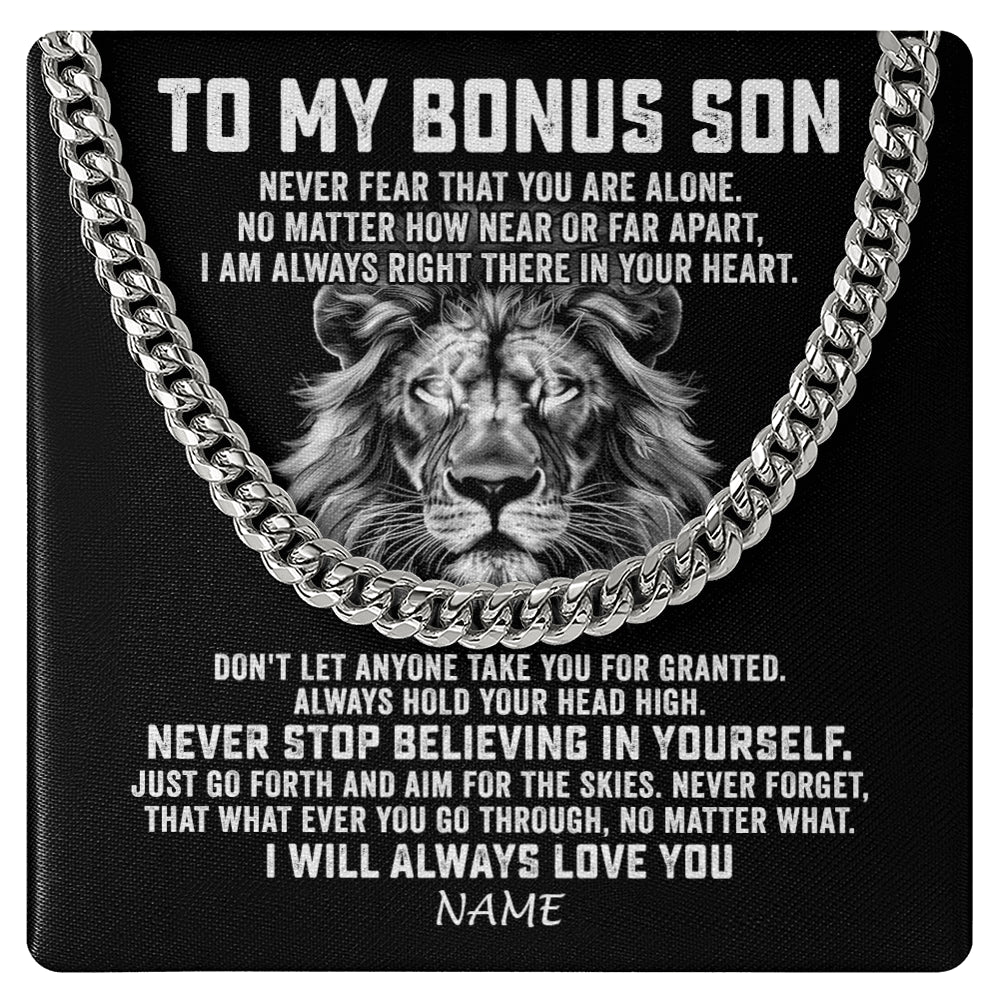 Cuban Link Chain Necklace Stainless Steel | 1 | Personalized To My Bonus Son Cuban Necklace From Stepmom Stepdad Never Fear That You Are Alone Lion Stepson Birthday Christmas Customized Gift Box Message Card | siriusteestore
