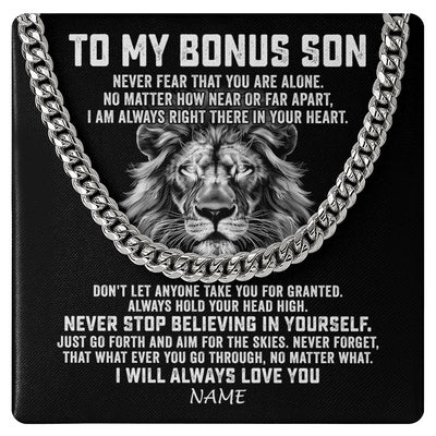 Cuban Link Chain Necklace Stainless Steel | 1 | Personalized To My Bonus Son Cuban Necklace From Stepmom Stepdad Never Fear That You Are Alone Lion Stepson Birthday Christmas Customized Gift Box Message Card | siriusteestore