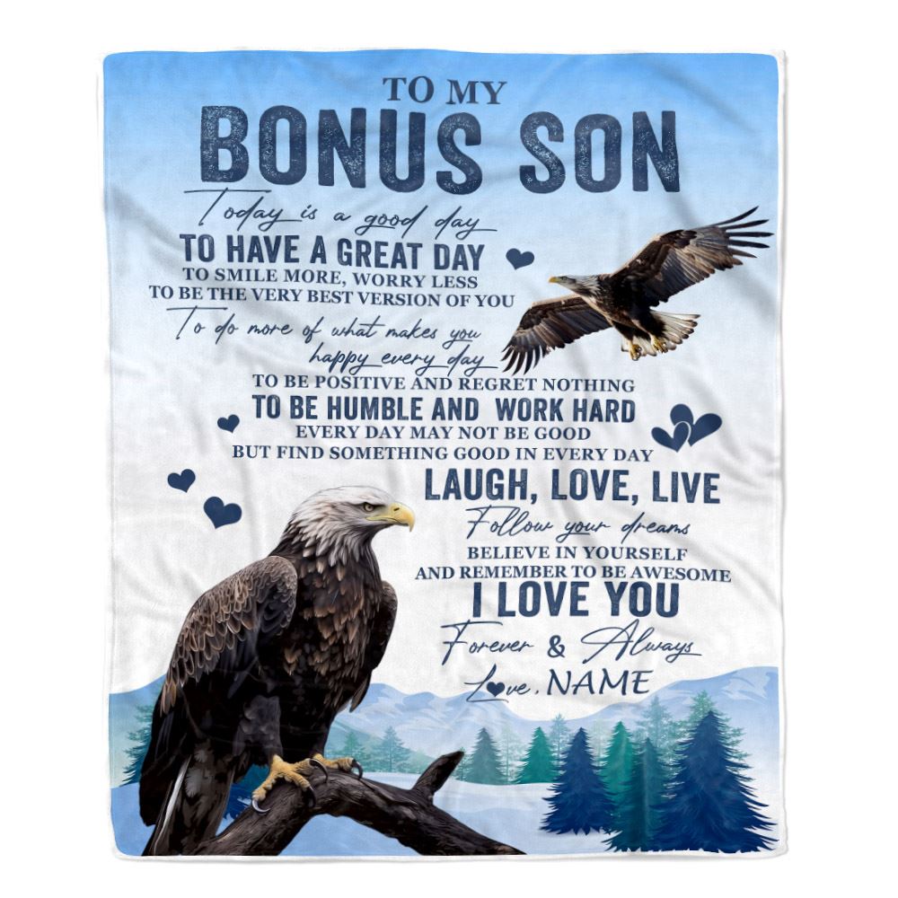 Personalized To My Bonus Son Eagle Blanket From Stepmother Stepdad Every Day Laugh Love Live Stepson Birthday Gifts Christmas Customized Fleece Throw Blanket | siriusteestore