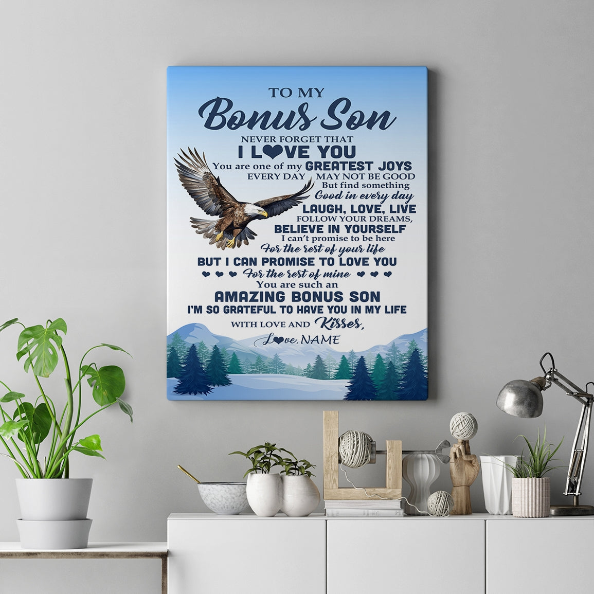 Personalized To My Bonus Son Eagle Canvas From Mom Never Forget That I Love You Stepson Gift Birthday Graduation Christmas Custom Wall Art Print Framed Canvas | siriusteestore