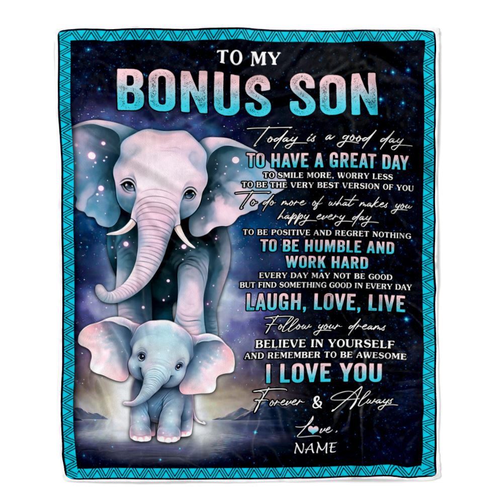 Personalized To My Bonus Son Elephant Blanket From Stepmother Every Day Laugh Love Live Stepson Birthday Gifts Christmas Customized Fleece Throw Blanket | siriusteestore