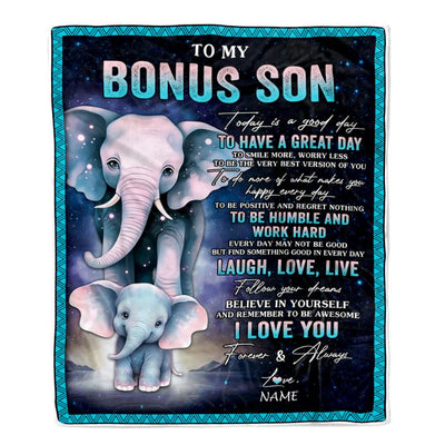 Personalized To My Bonus Son Elephant Blanket From Stepmother Every Day Laugh Love Live Stepson Birthday Gifts Christmas Customized Fleece Throw Blanket | siriusteestore