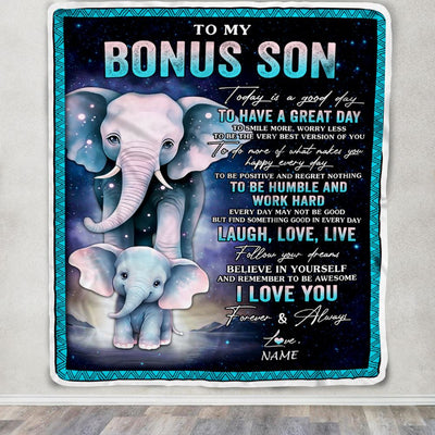 Personalized To My Bonus Son Elephant Blanket From Stepmother Every Day Laugh Love Live Stepson Birthday Gifts Christmas Customized Fleece Throw Blanket | siriusteestore