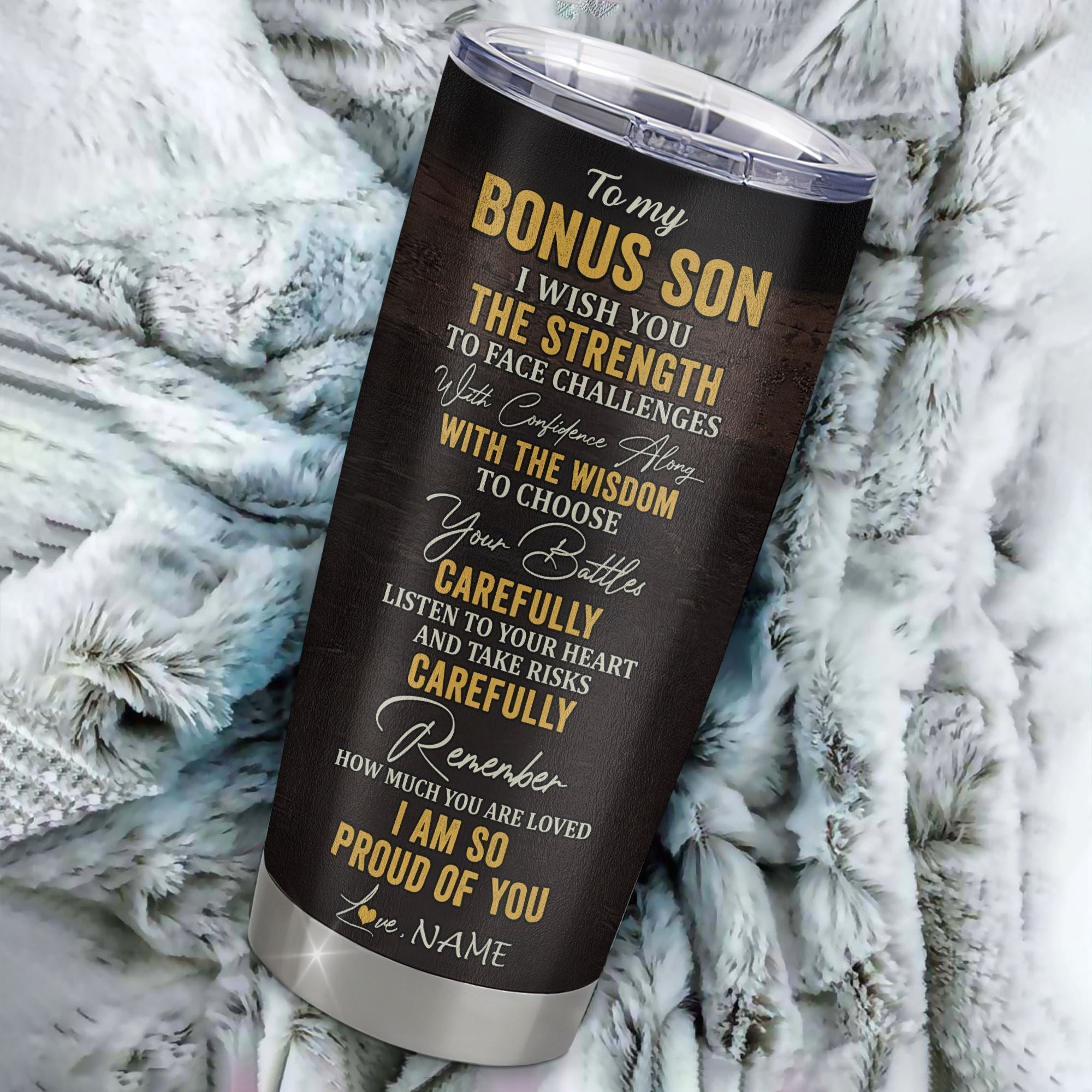 Personalized To My Bonus Son From Step Mom Dad Stainless Steel Tumbler Cup I Wish You The Strength Lion Stepson Birthday Graduation Christmas Travel Mug | siriusteestore
